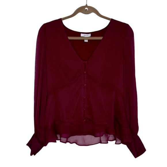 Nine West Blouse Women’s Medium Wine Maroon Lined Button Up Ruffle Flowy Dressy - Picture 1 of 10